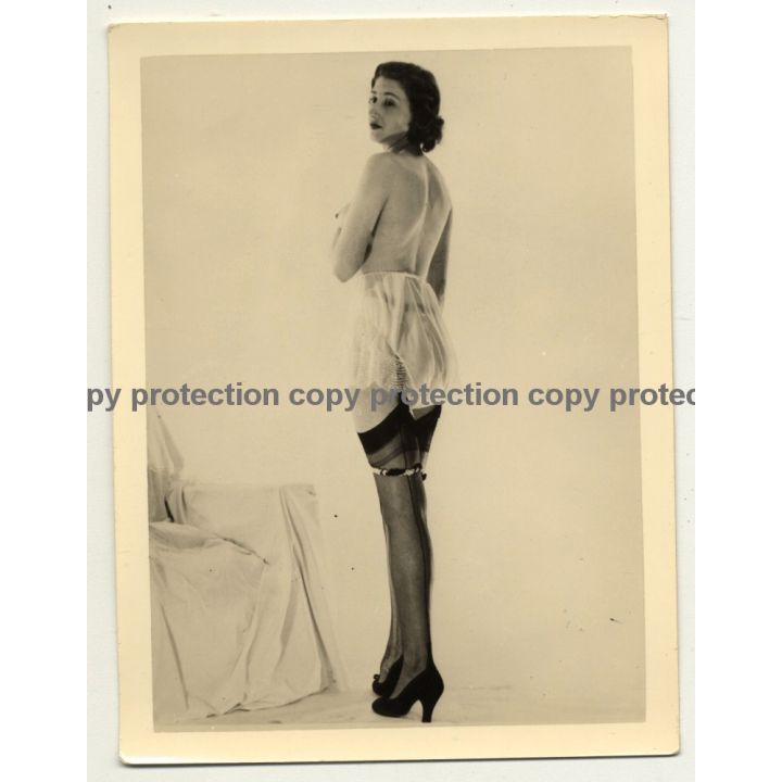 Topless Woman Wears Translucent  Lingerie / Nipple (Vintage Photo B/W ~1940s/1950s)