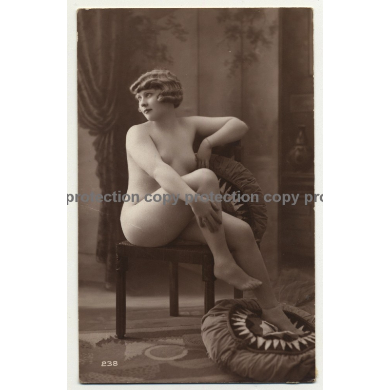 Pretty French Nude On Chair / Small Breast (Vintage Photo B/W ~1900s/1910s)