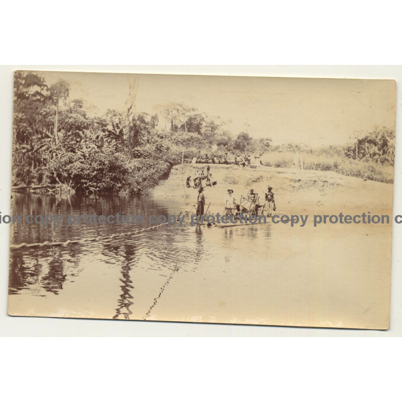 Congo: Mr. Ferrante Passes River On Raft / Natives (Vintage Photo Sepia 1919)