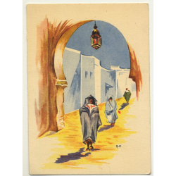 A. P.: Moroccan Street Scene / Aquarel (Vintage Artist Postcard)
