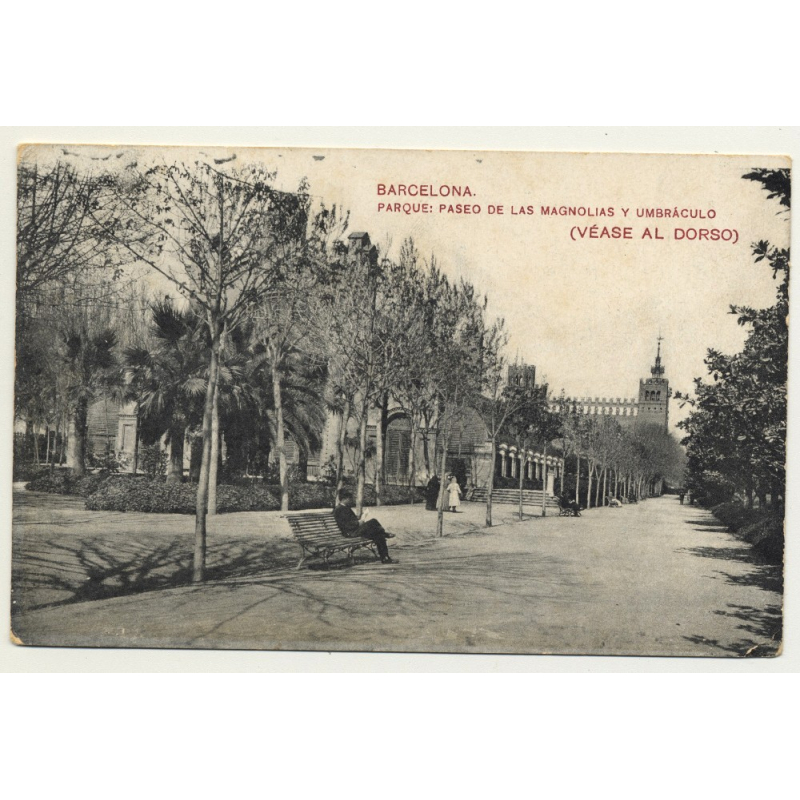 Barcelona: Parque De Las Magnolias Y Umbráculo / Elixir Giol Publicidad (Vintage Postcard B/W)