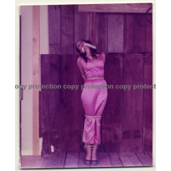Brunette Beauty In Pink Dress Tied To Pale / Gag - BDSM (Vintage Photo USA ~1970s)