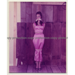 Brunette Beauty In Pink Dress Tied To Pale *3 / Gag - BDSM (Vintage Photo USA ~1970s)