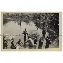 Congo Belge / Africa: Congolese Kids At River / Swim (Vintage RPPC B/W ~1930s)