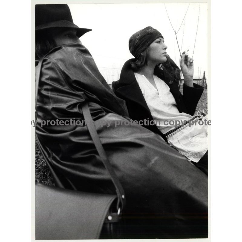 Stylish Couple On Meadow / Leather Coat - Cigarette (Vintage Photo Master 1970s Fashion)