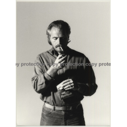 Bearded Man Lights Rolled Cigarette / Red Rock Tabak (Vintage Photo Master 1980s Large)