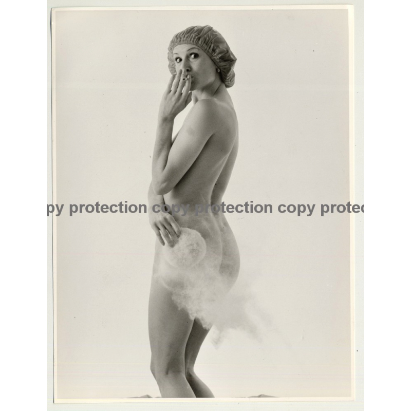 Smoking Nude Woman With Shower Cap (Vintage Advertisement Photo 1970s/1980s)