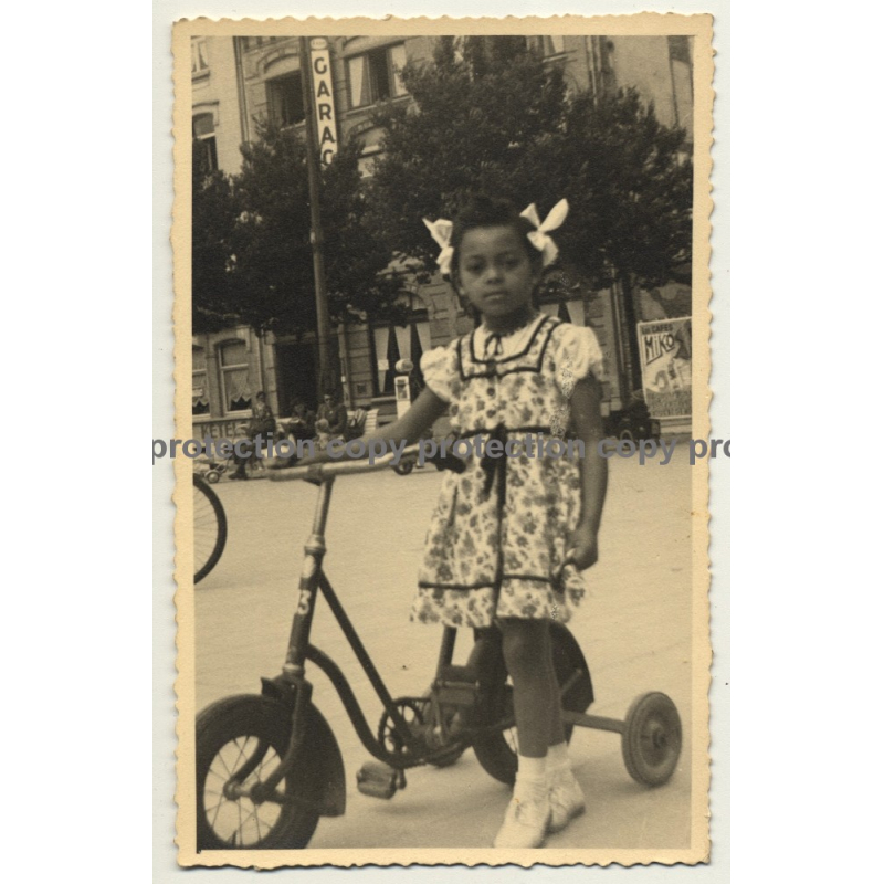 Pretty Dark Skinned Girl On Tricycle / Hair Bow - Le Café Miko (Vintage RPPC)