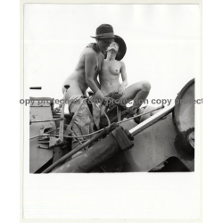 2 Nude Girlfriends Have Fun On Tractor / Lesbian INT (Vintage Photo Master B/W ~1960s/1970s)